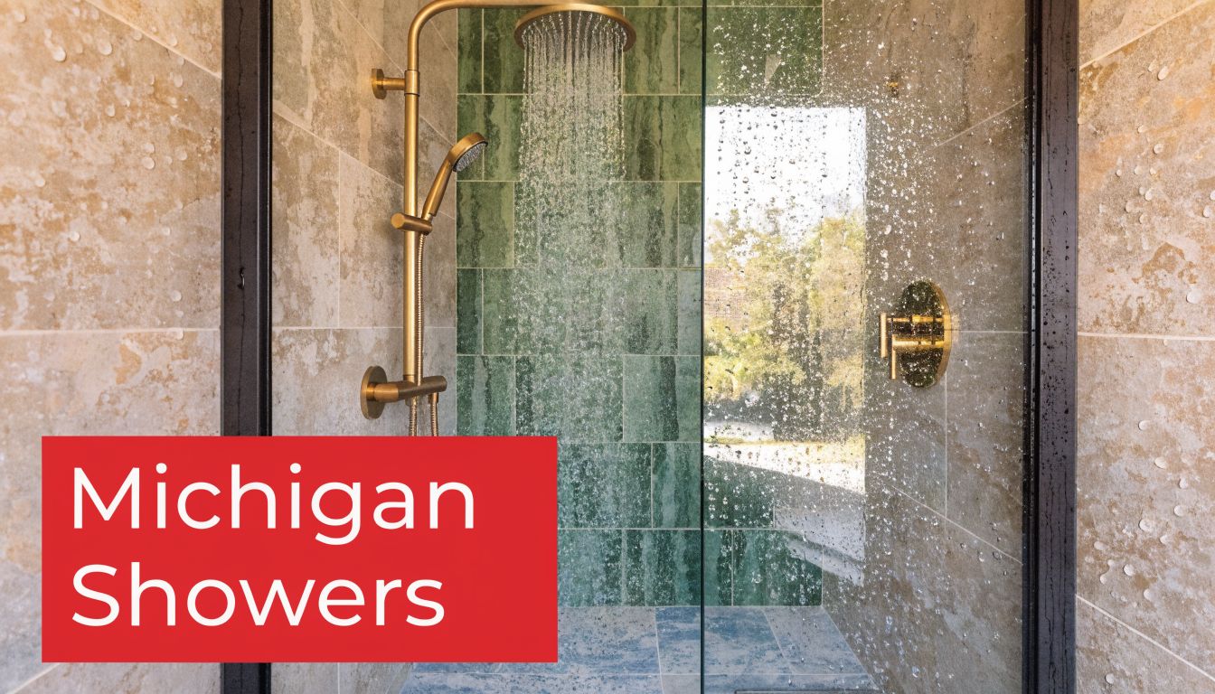 A modern walk-in shower with a gold rainfall showerhead, green tiled accent wall, and tan tile walls.