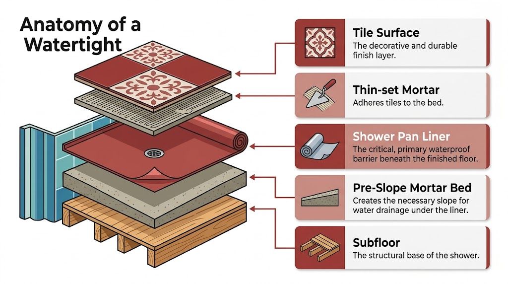A detailed 3D infographic showing the layered construction components of a watertight shower floor installation.