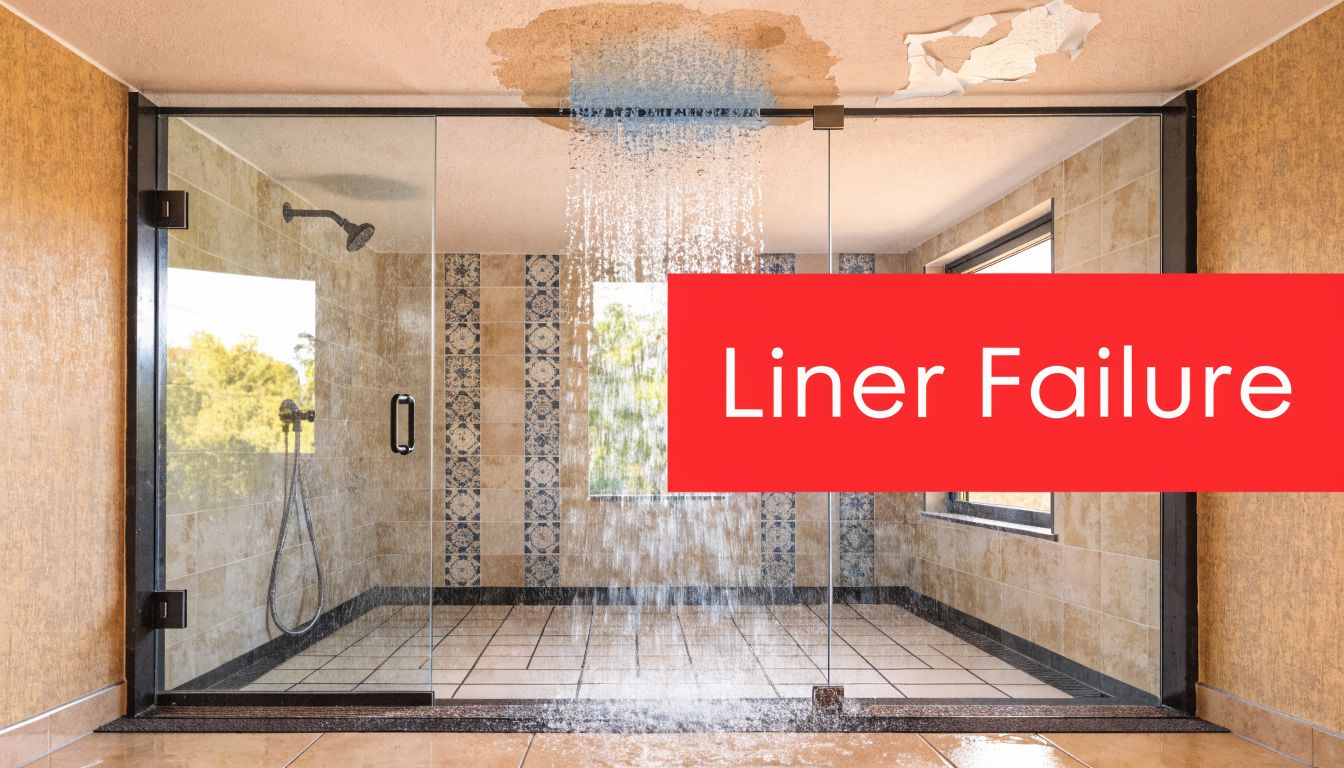 Water damage and ceiling discoloration above a glass-enclosed shower stall indicating a failed shower pan liner.