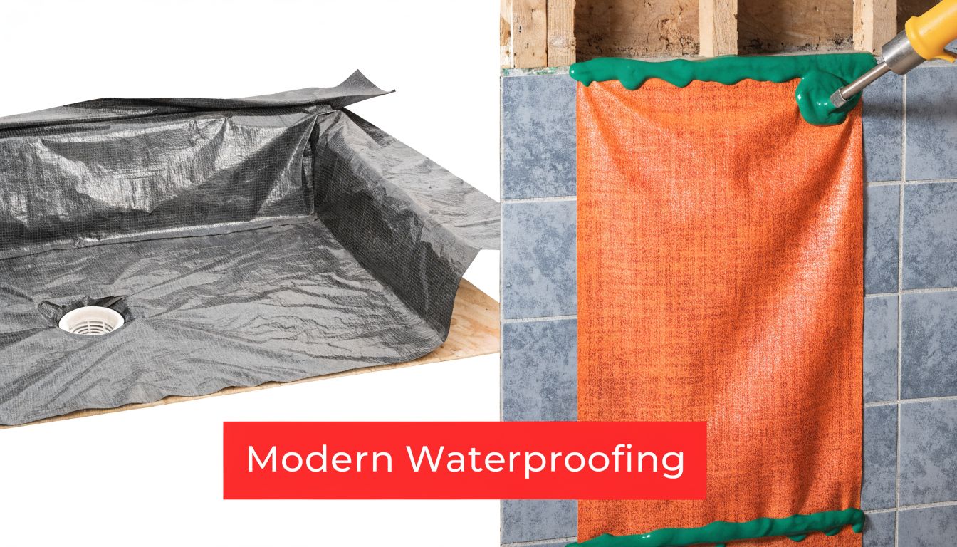 A split image showing a grey shower pan liner installation and orange waterproofing membrane applied on tiled walls.