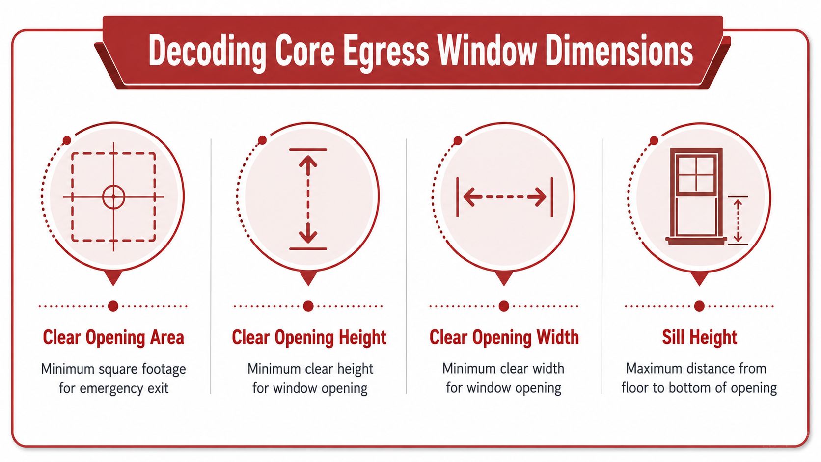 A diagram outlining the four core egress window dimensions required for safety and emergency exit compliance.