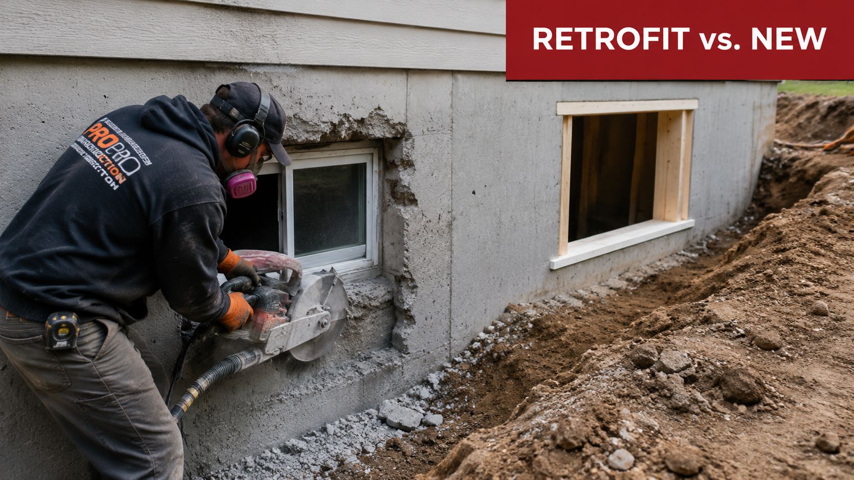 A construction worker cutting a concrete foundation wall to install an egress window for basement safety.