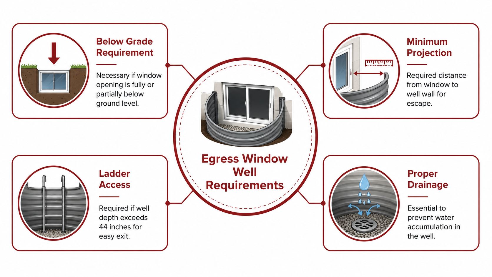 An infographic detailing essential safety and structural requirements for basement egress window wells and escape access.