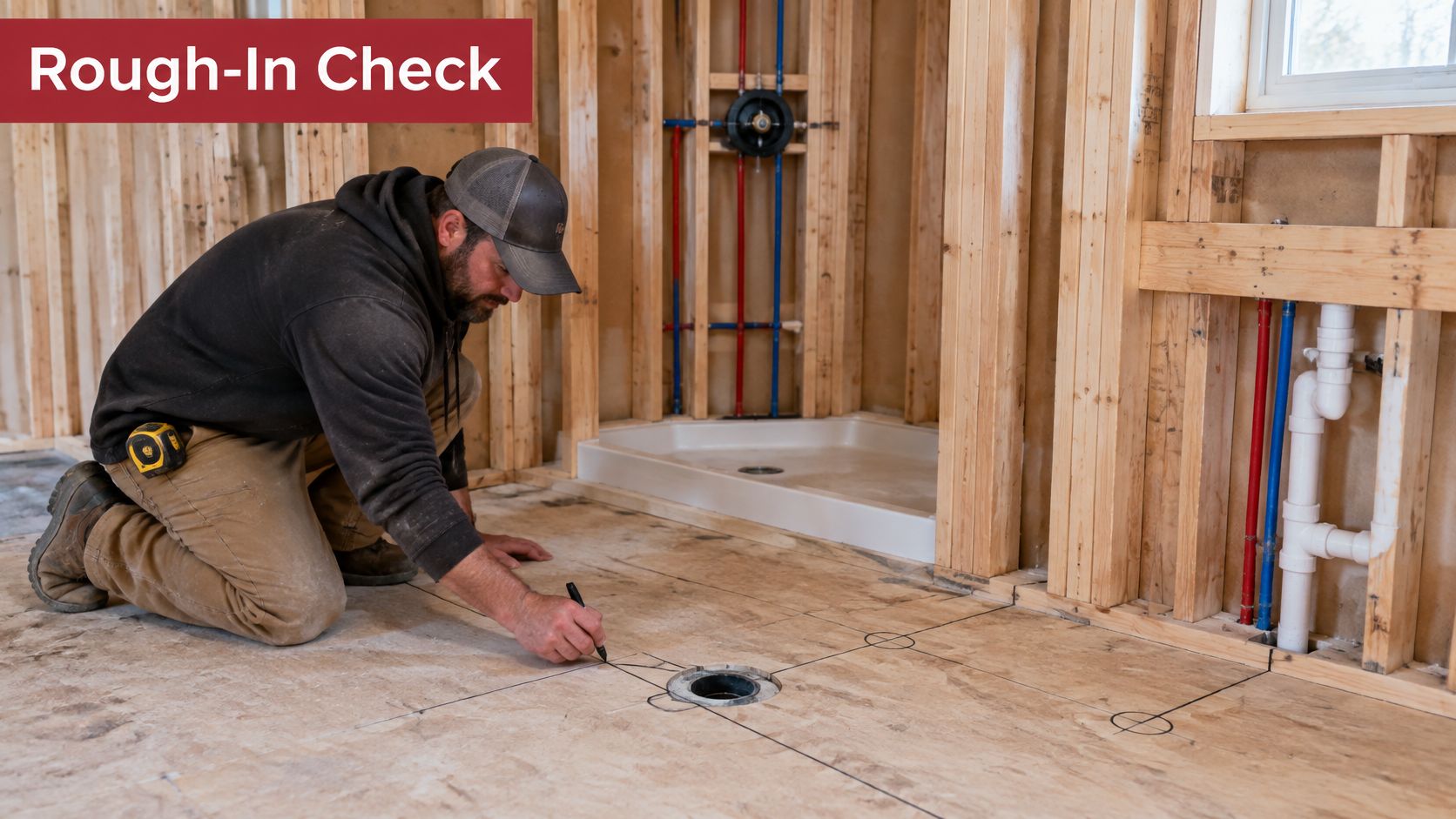 A professional construction worker kneeling on a floor, drawing precise markings for plumbing fixtures during bathroom renovations.
