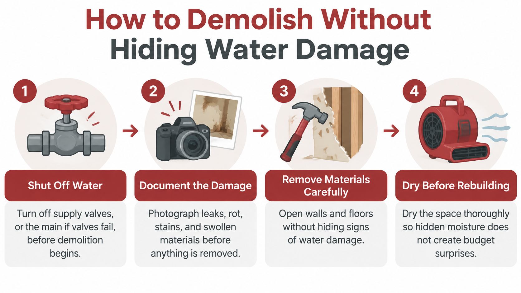 A four-step infographic illustrating how to properly demolish and prepare an area for water damage repairs.