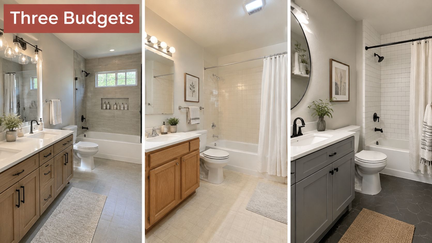 A split image showcasing three different bathroom renovation styles ranging from basic updates to complete luxury remodels.