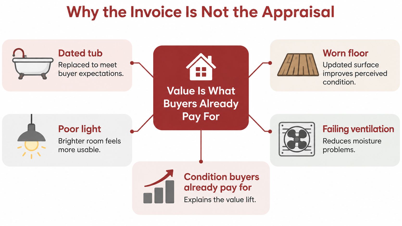 A diagram explaining that property appraisals are based on market value, not home renovation invoice costs.
