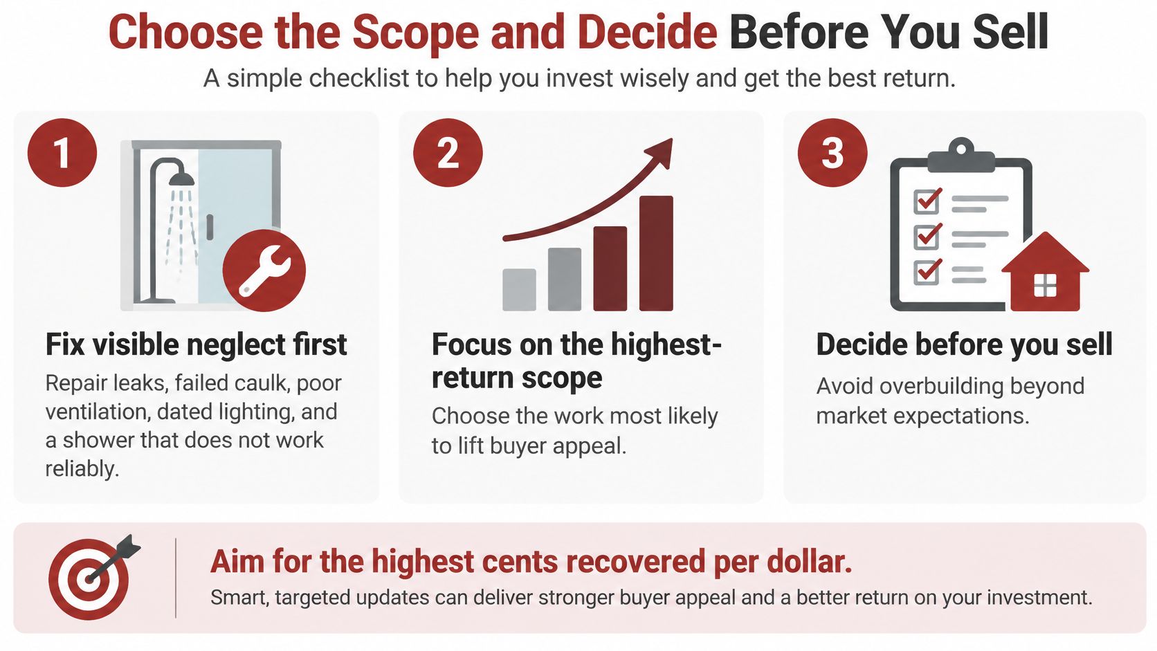 An infographic checklist for homeowners on how to prioritize home repairs to maximize resale value and investment.