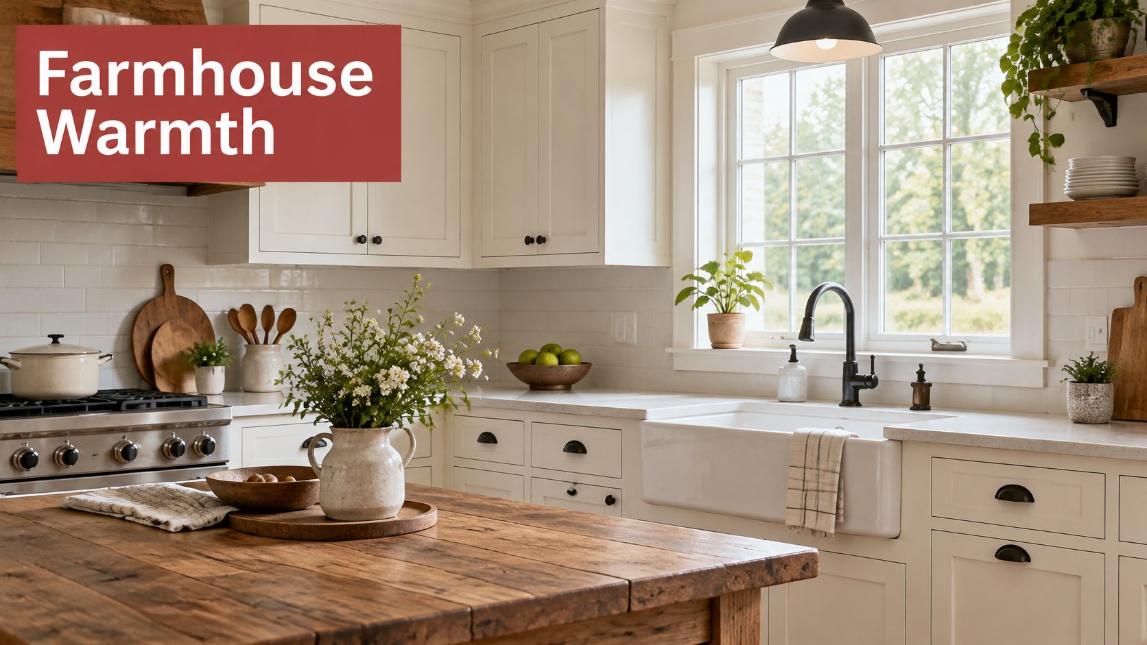 A cozy farmhouse kitchen featuring white cabinetry, a large wooden island, and a classic apron front sink.