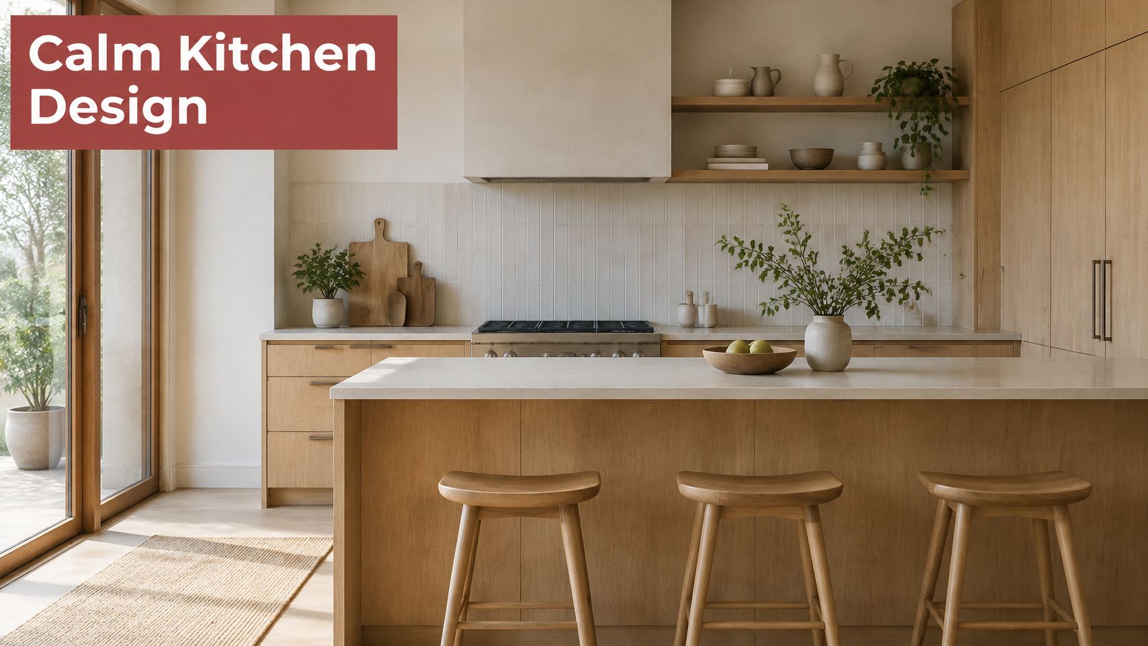 A bright and minimalist kitchen with natural wood cabinetry, a kitchen island, and bar stools.
