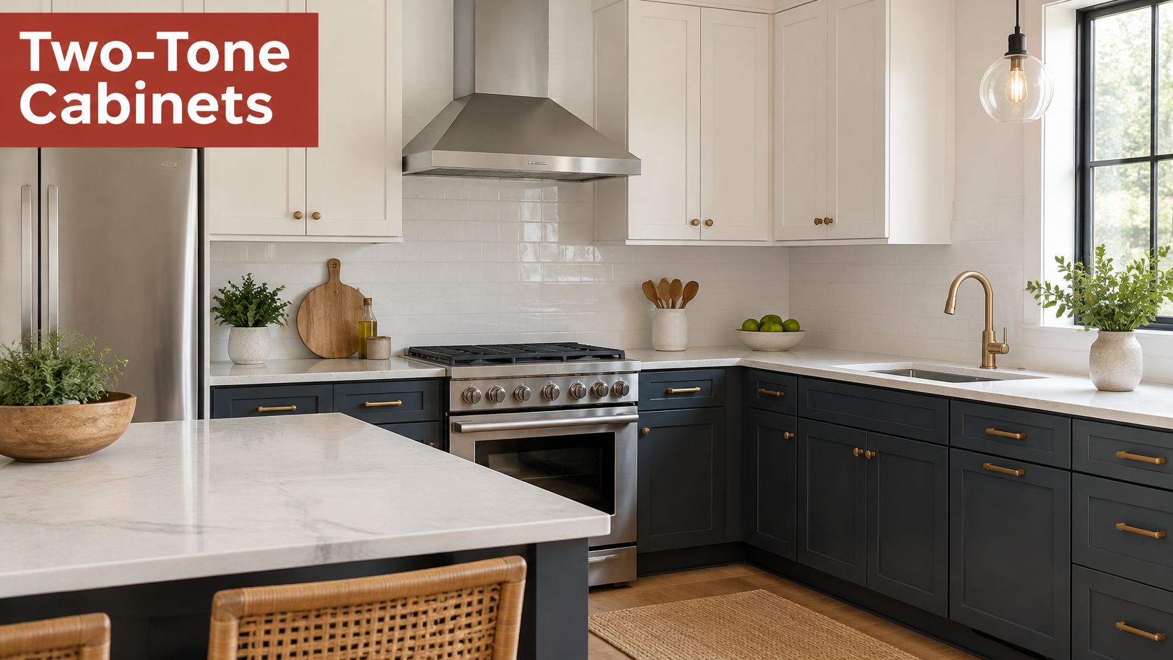 A modern kitchen with a contrasting two-tone color scheme featuring white upper cabinets and dark base cabinets.