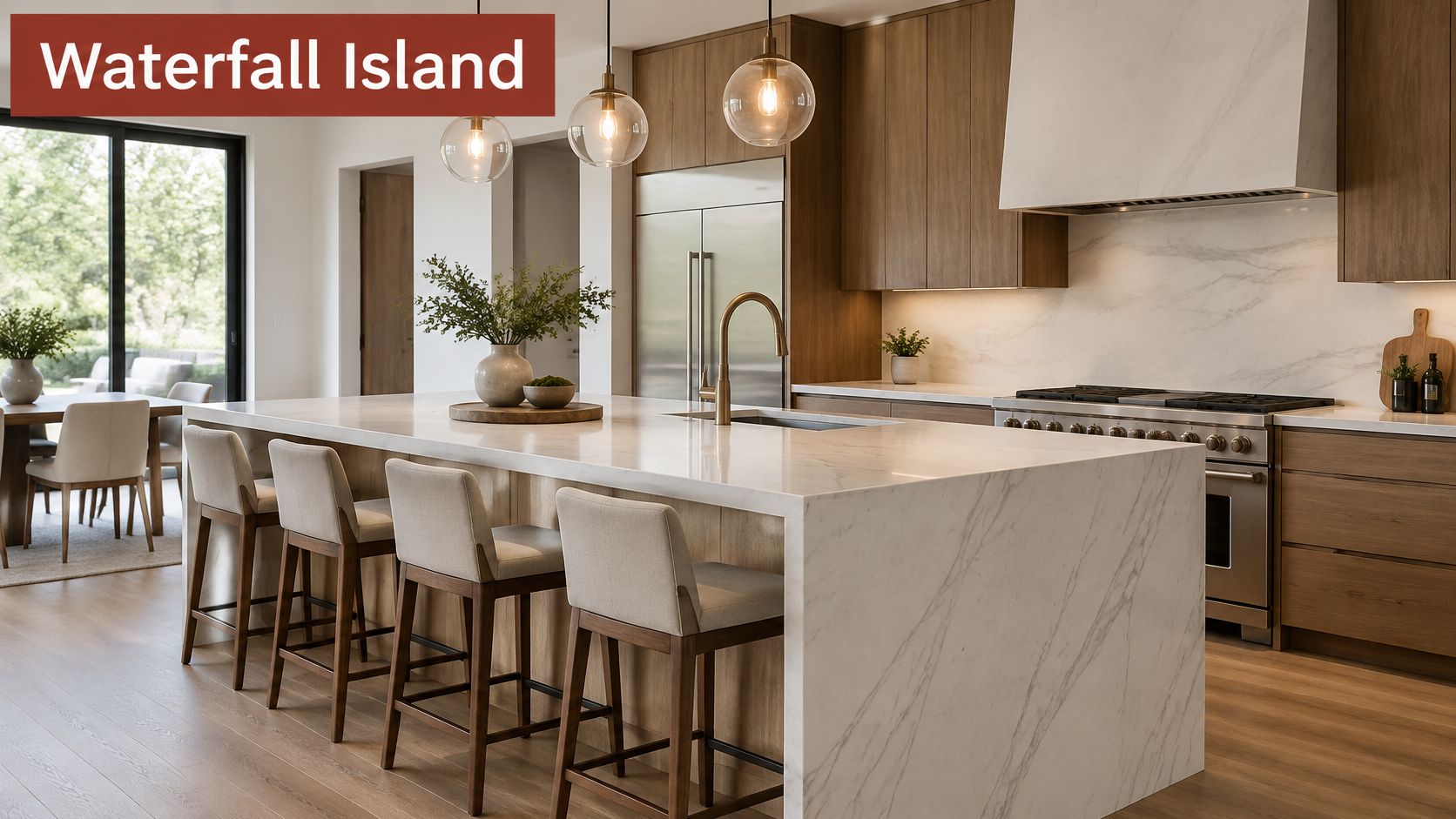 A modern kitchen interior featuring a large white marble waterfall island with four comfortable bar stools.